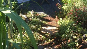 Um alpendre coberto com mesa e cadeiras, rodeado por vegetação e um jardim.
