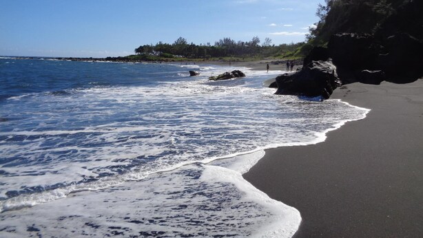 Uma praia com areia escura, ondas e uma área arborizada ao fundo.