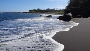 A beach with dark sand, waves, and a forested area in the background. - L'Arbre de Vie (Saint-Joseph)