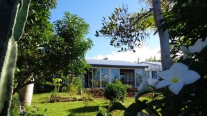 Uma casa com telhado azul, cercada por vegetação exuberante e um jardim bem cuidado.