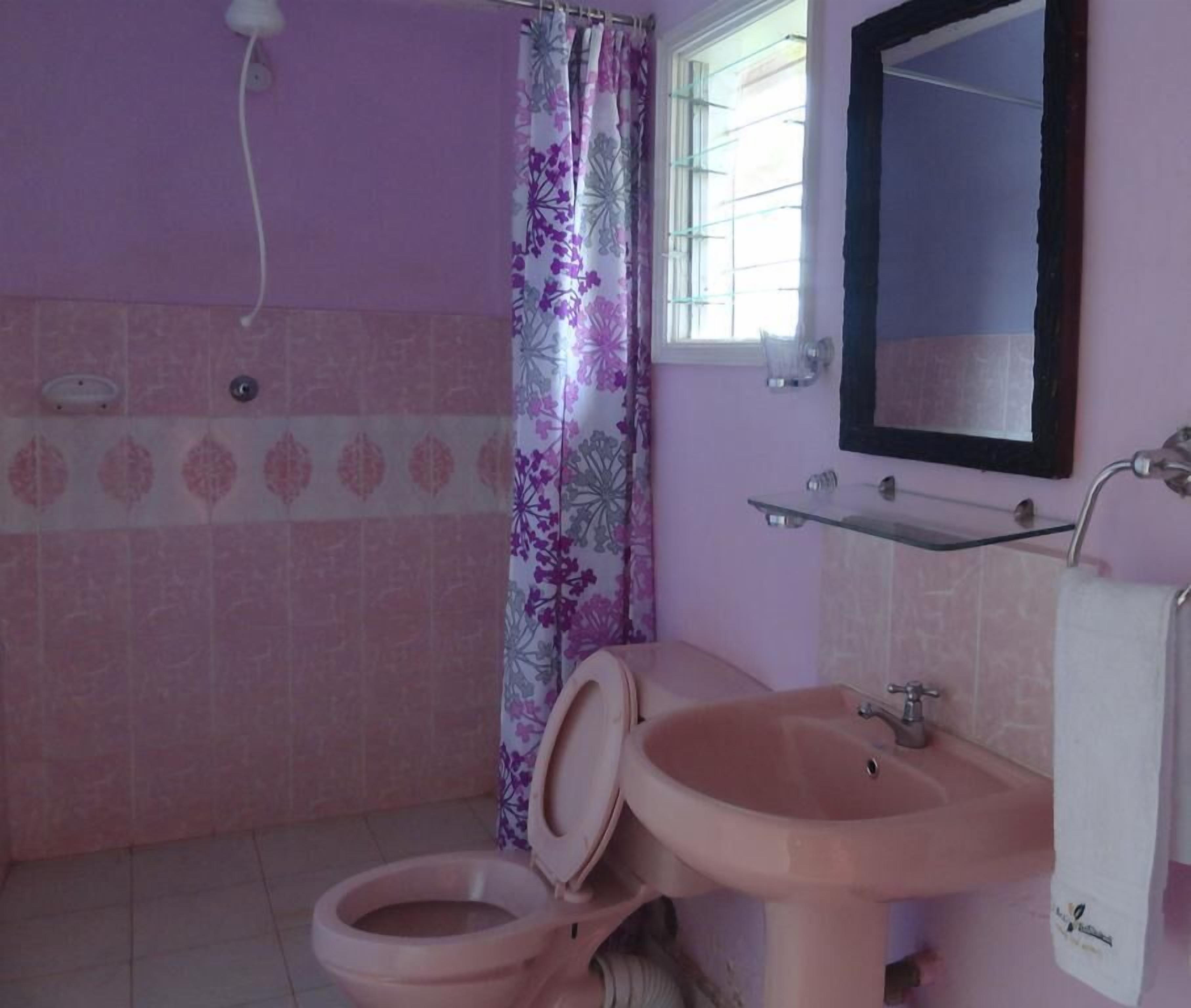 A bathroom with a toilet, sink, and mirror.