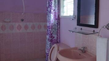 A bathroom with a toilet, sink, and mirror.