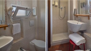 Un baño con inodoro, lavamanos y ducha.