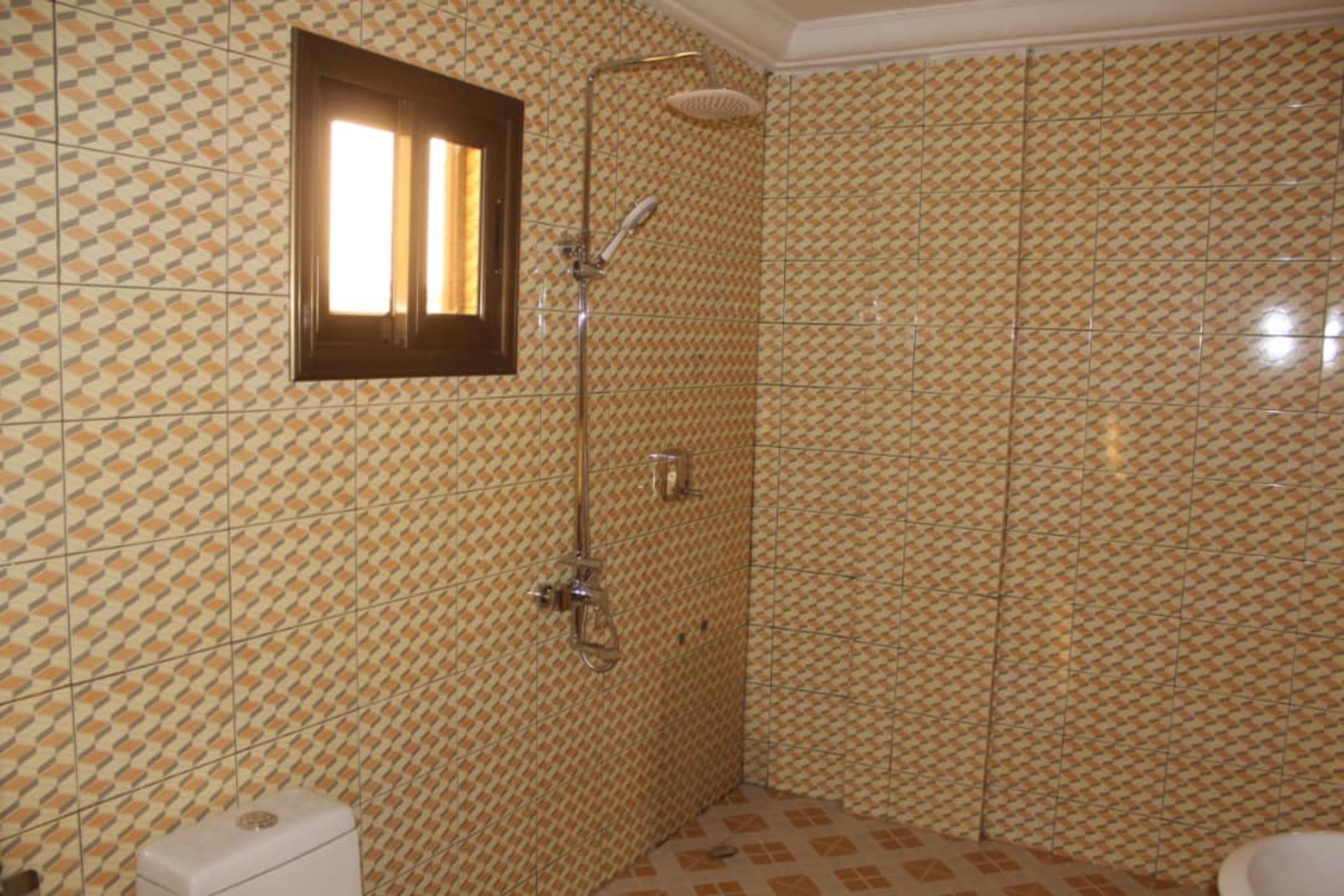 Une salle de bain avec des carreaux décorés, une douche et des toilettes.