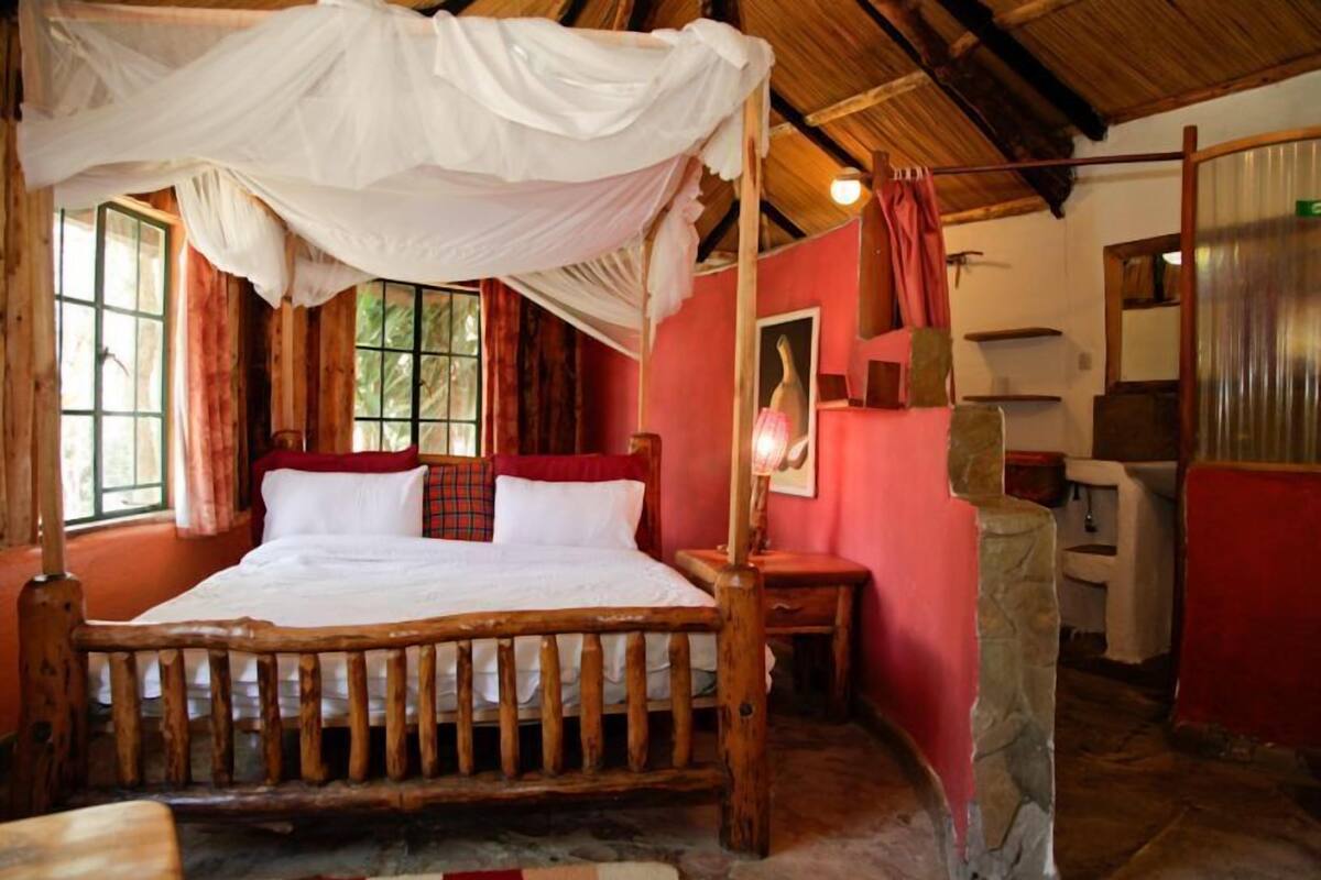 A rustic wooden bed with a canopy, a stone wall, and a red wall with a picture frame.