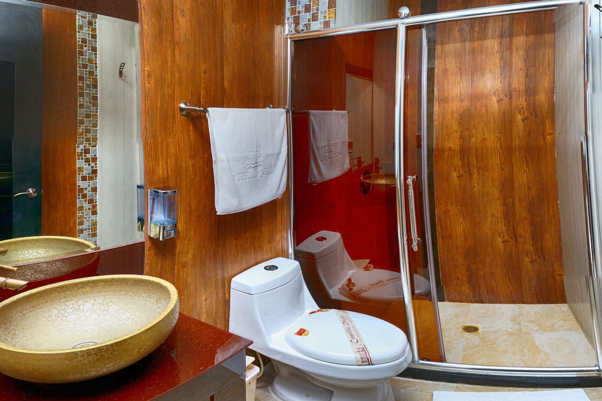 Shower, rainfall showerhead, free toiletries, towels