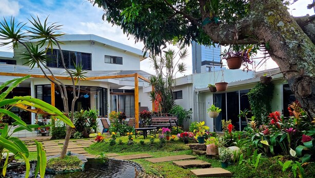A modern house with a garden featuring a pond, stepping stones, and various plants. - Casa Jardin Del Mango (San José)