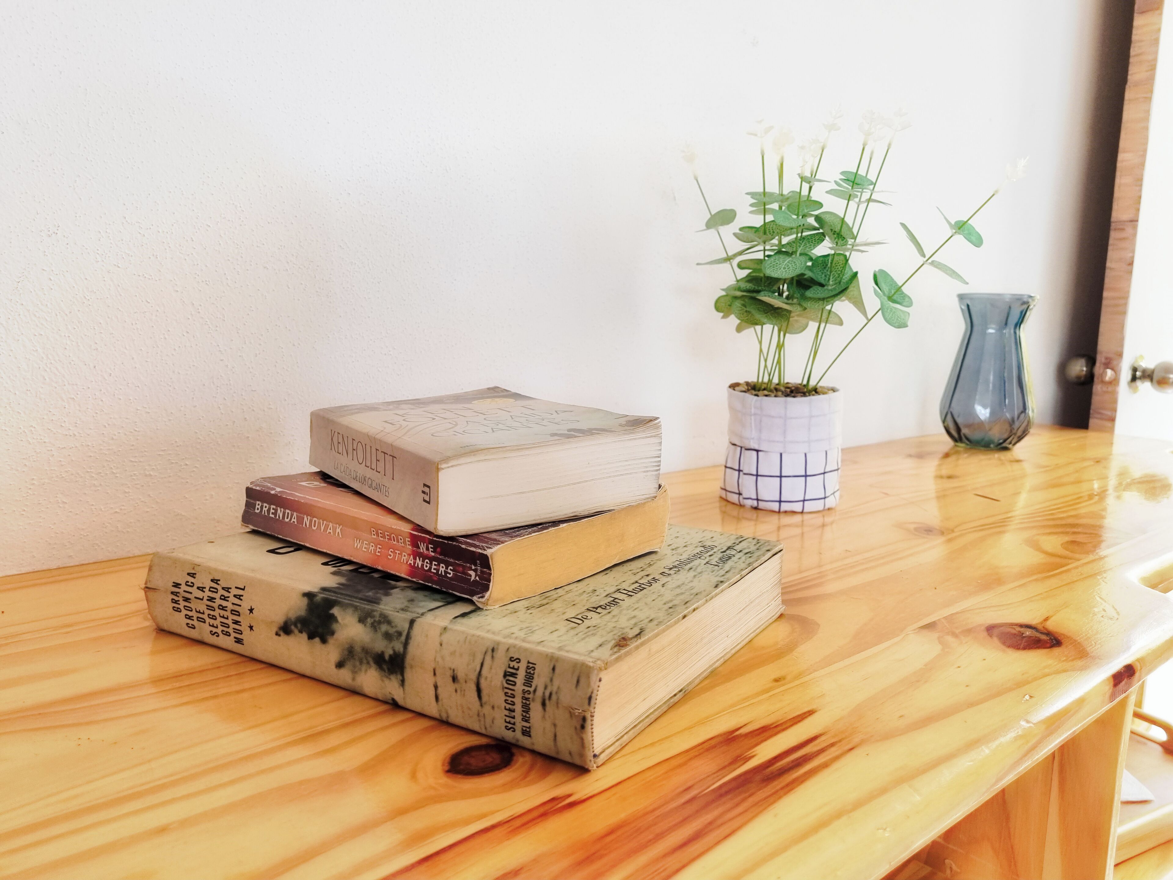 A stack of books on a wooden surface with a potted plant and a vase.