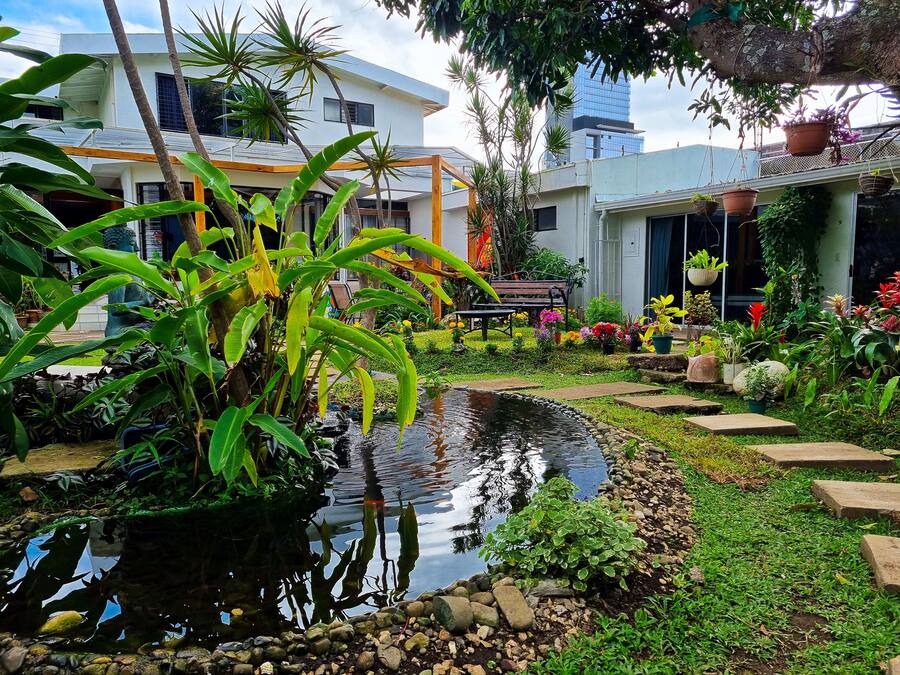 A garden with a pond, potted plants, and a statue.