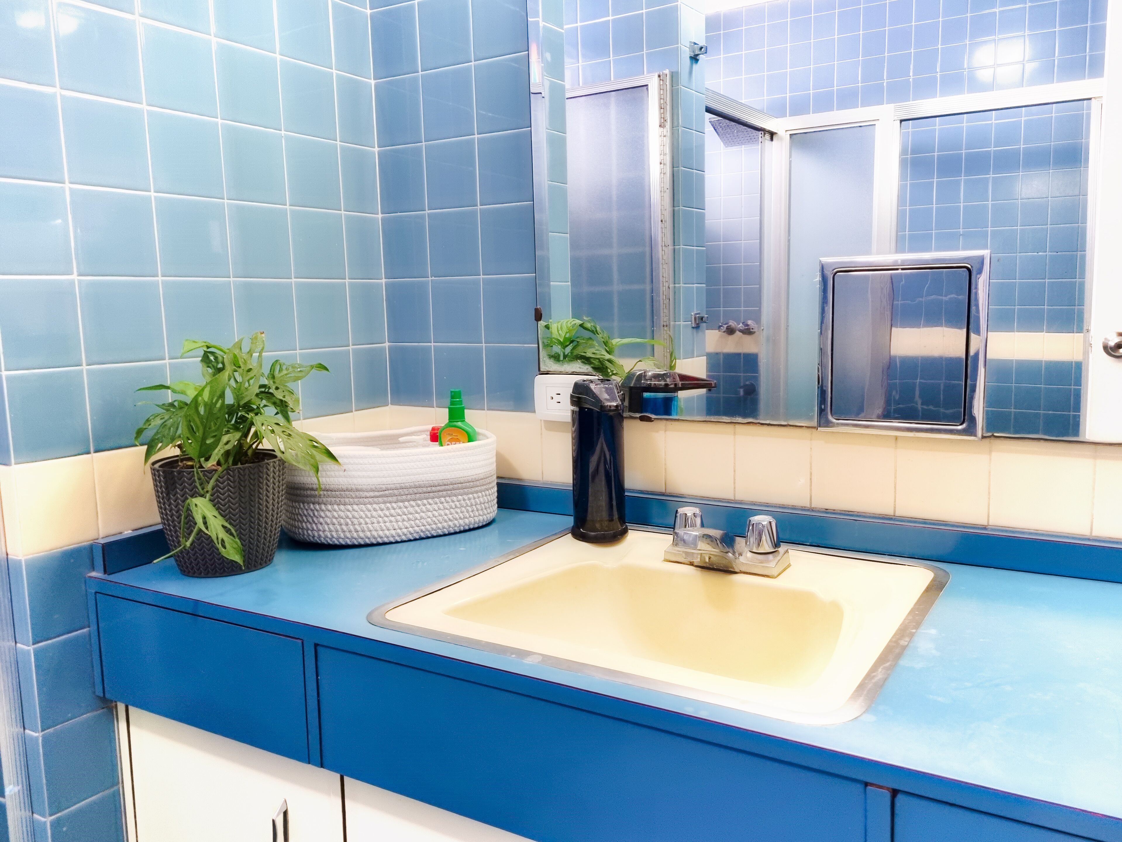 Une salle de bain avec des carreaux bleus, un lavabo et deux plantes en pot.