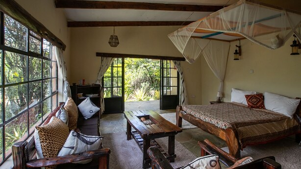 Una habitación con cama, un banco de madera y una mesa. Hay una ventana con cortinas y vistas al verdor exterior.