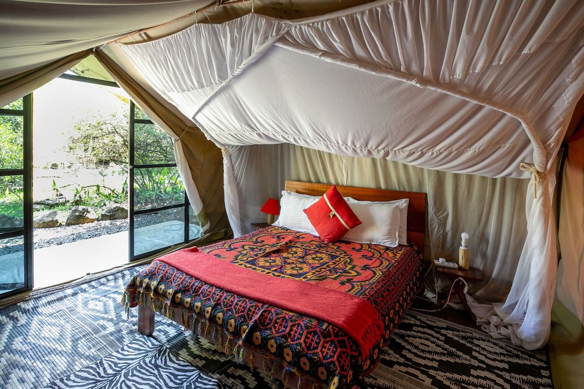 A room with a bed, a bedside table, and a window.