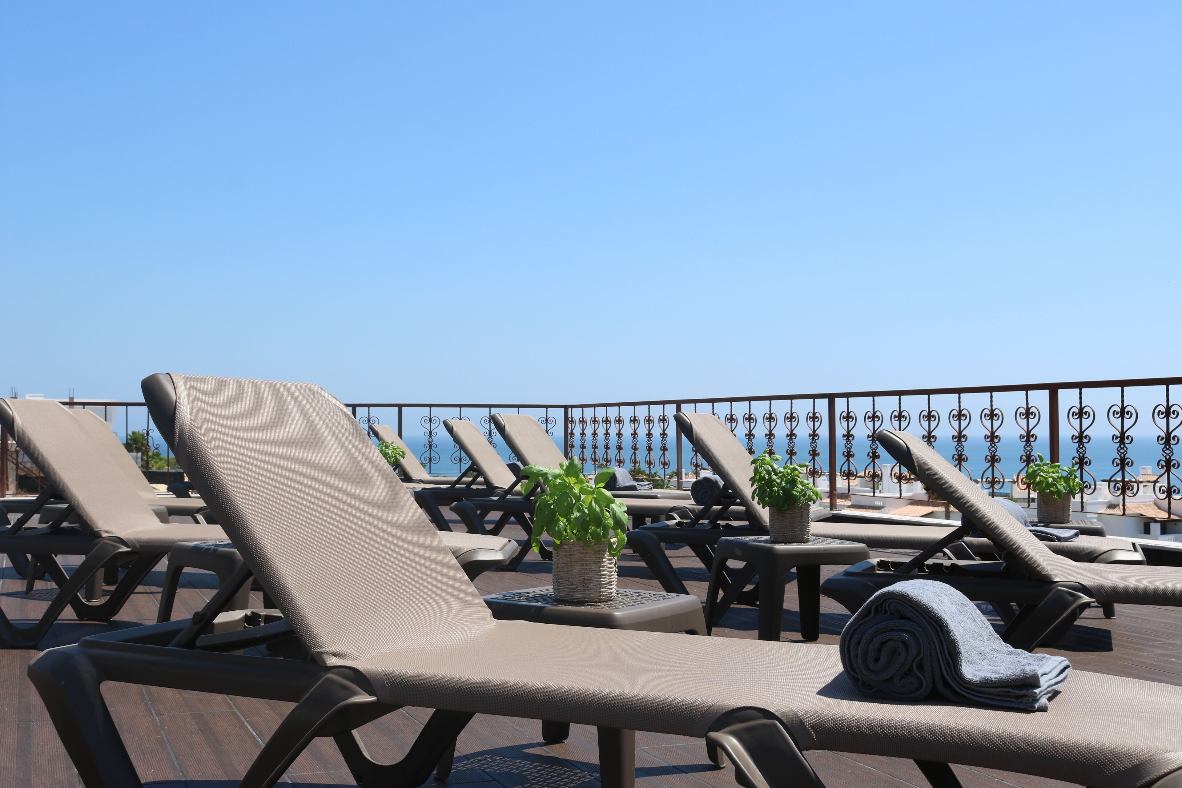 A rooftop lounge area with sun loungers, potted plants, and a view of the sea.