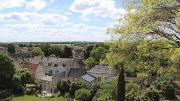 A rural village with traditional stone houses, a large tree in the foreground, and a clear sky.