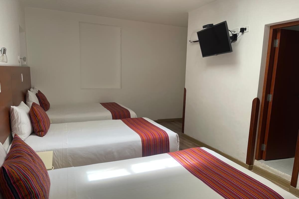Une chambre d’hôtel avec trois lits simples, un téléviseur à écran plat fixé au mur et une porte en bois.