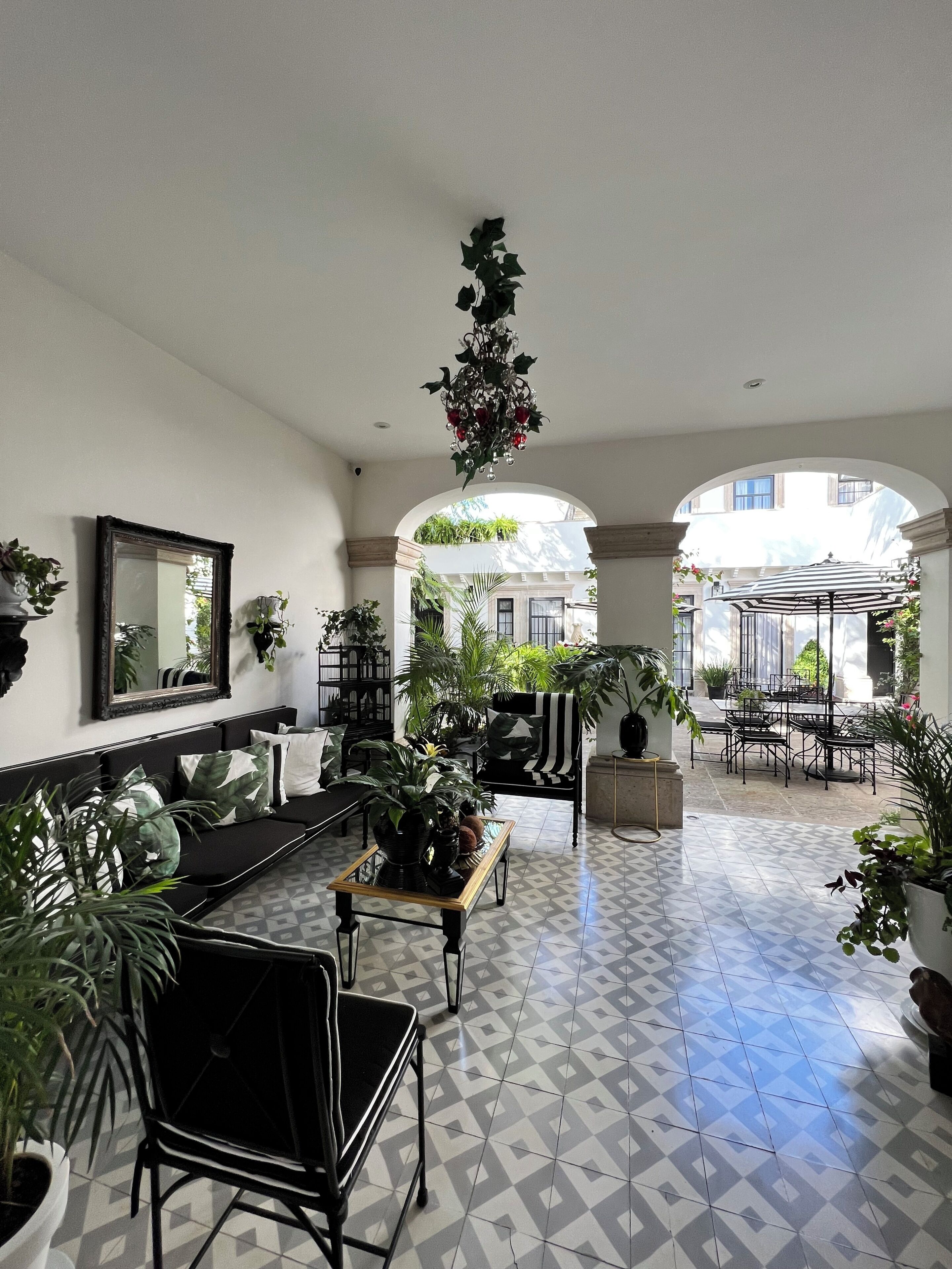 A spacious indoor area with a patterned floor, multiple seating arrangements, and various potted plants.