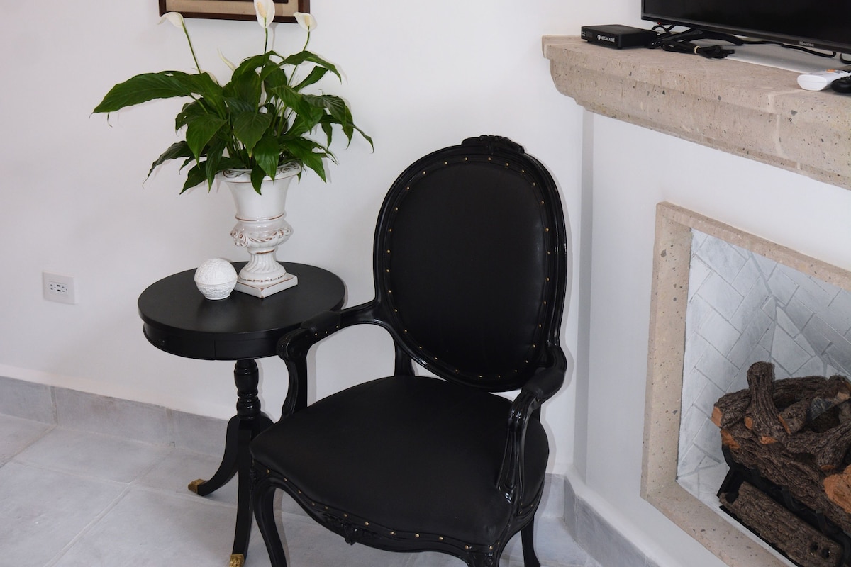 Una habitación con una silla negra, una mesita con planta en maceta, un cuadro en la pared, un televisor y una chimenea con leña.