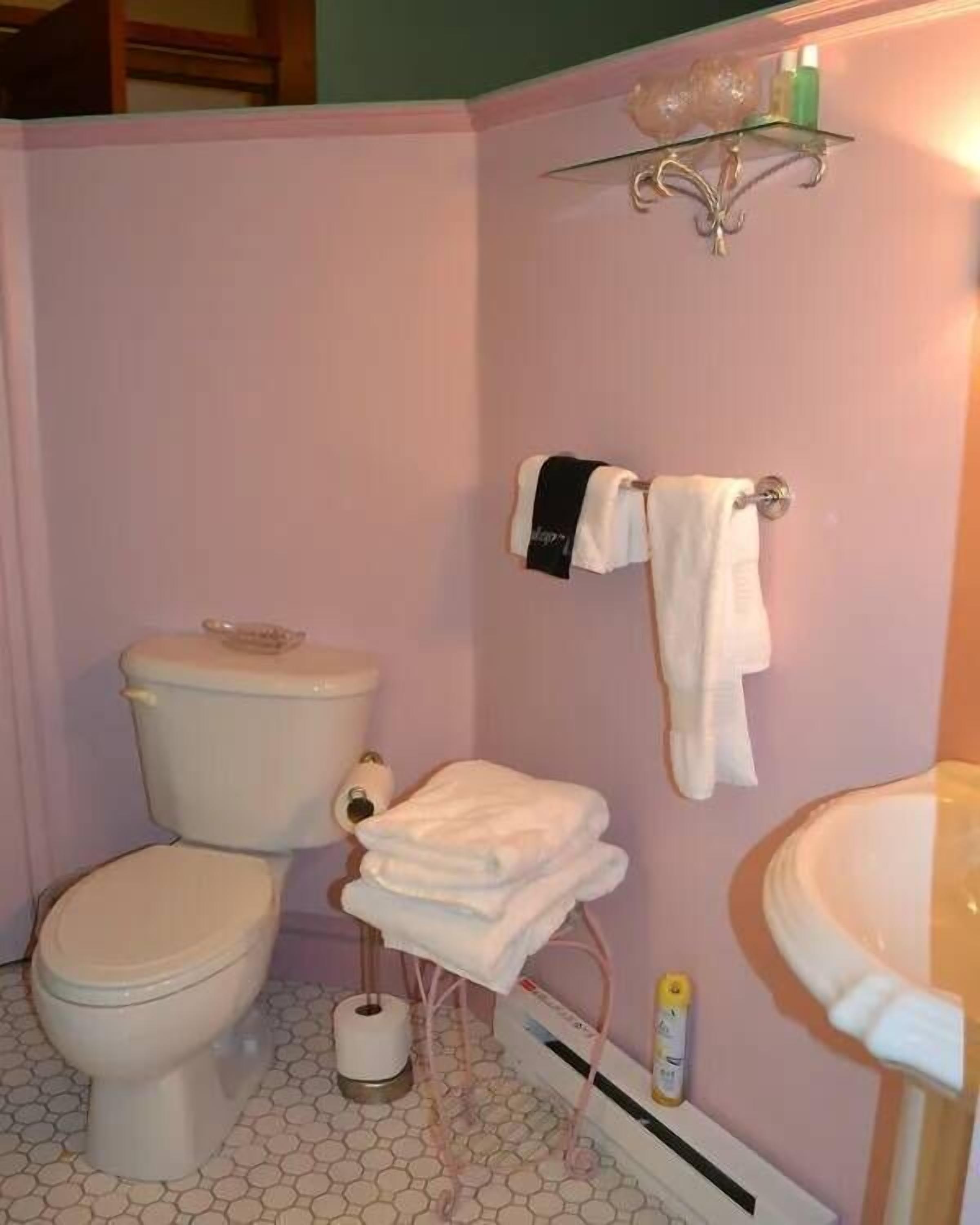 Une salle de bain équipée de toilettes, d’un lavabo et d’un porte-serviettes.