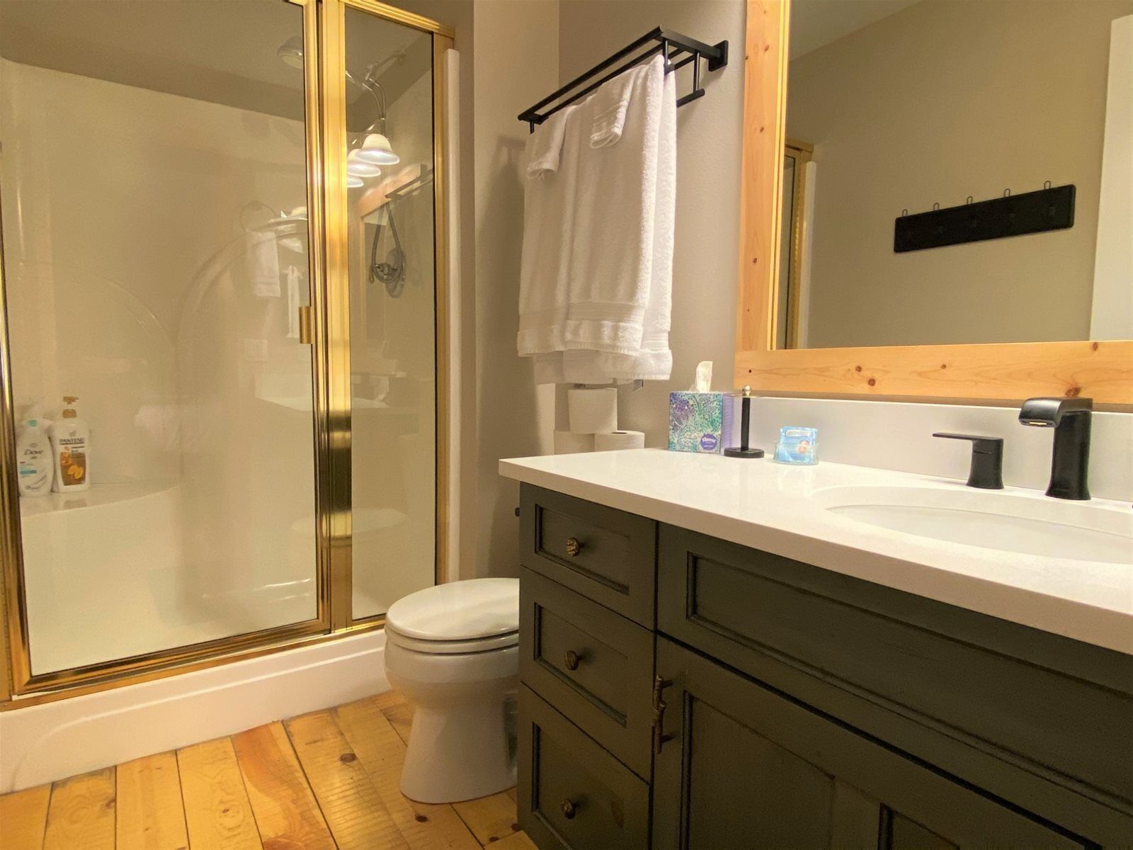 A bathroom with a glass-enclosed shower, a toilet, a vanity with a mirror, and a towel rack.