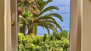 Una ventana con vista al mar y palmeras.