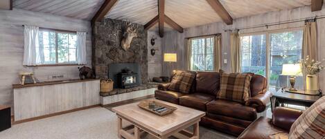 Télévision à écran plat, cheminée, jeux vidéo, lecteur de DVD