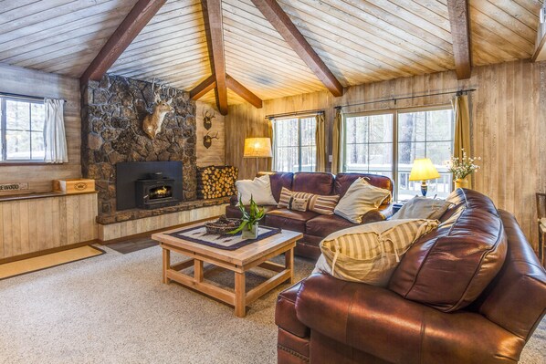 Flat-screen TV, fireplace, video games, DVD player