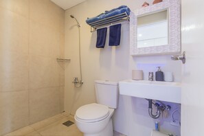 Douche, séchoir à cheveux, serviettes fournies, savon