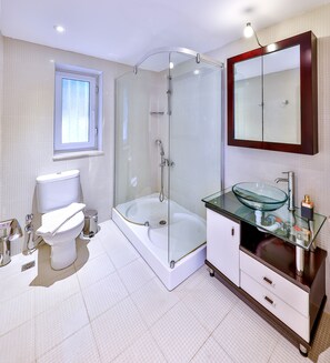 Bathtub, hair dryer, towels, soap