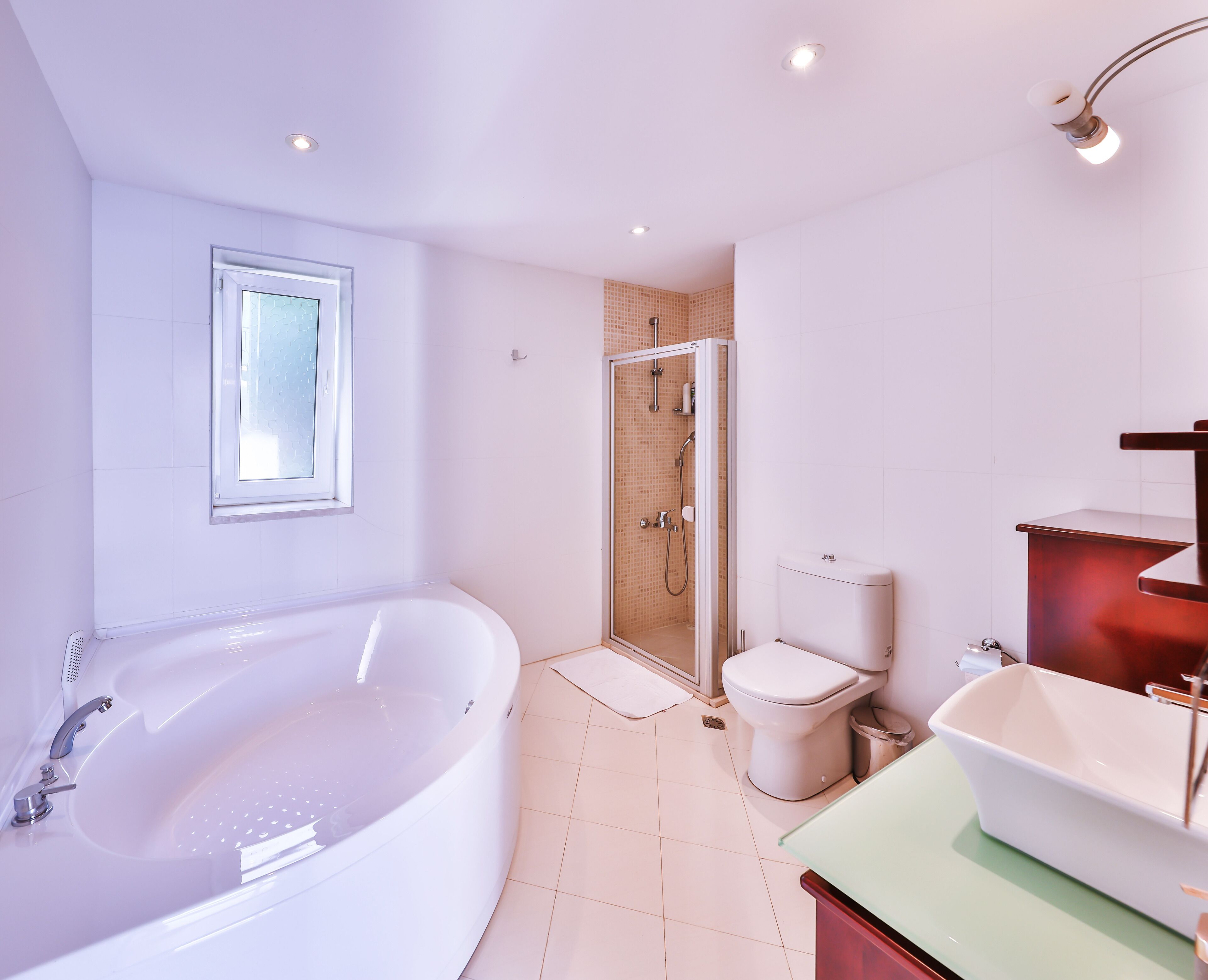 A modern bathroom with a large bathtub, a glass-enclosed shower, a toilet, and a sink.