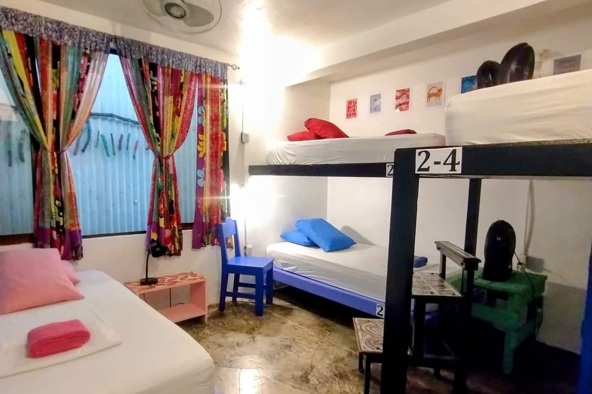 A dormitory room with bunk beds, a desk, a chair, and a ceiling fan.