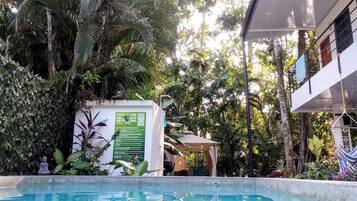 A swimming pool surrounded by lush tropical vegetation, a small gazebo, and a white building with a green sign.