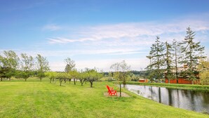 A grassy area with a pond, trees, and a red chair.