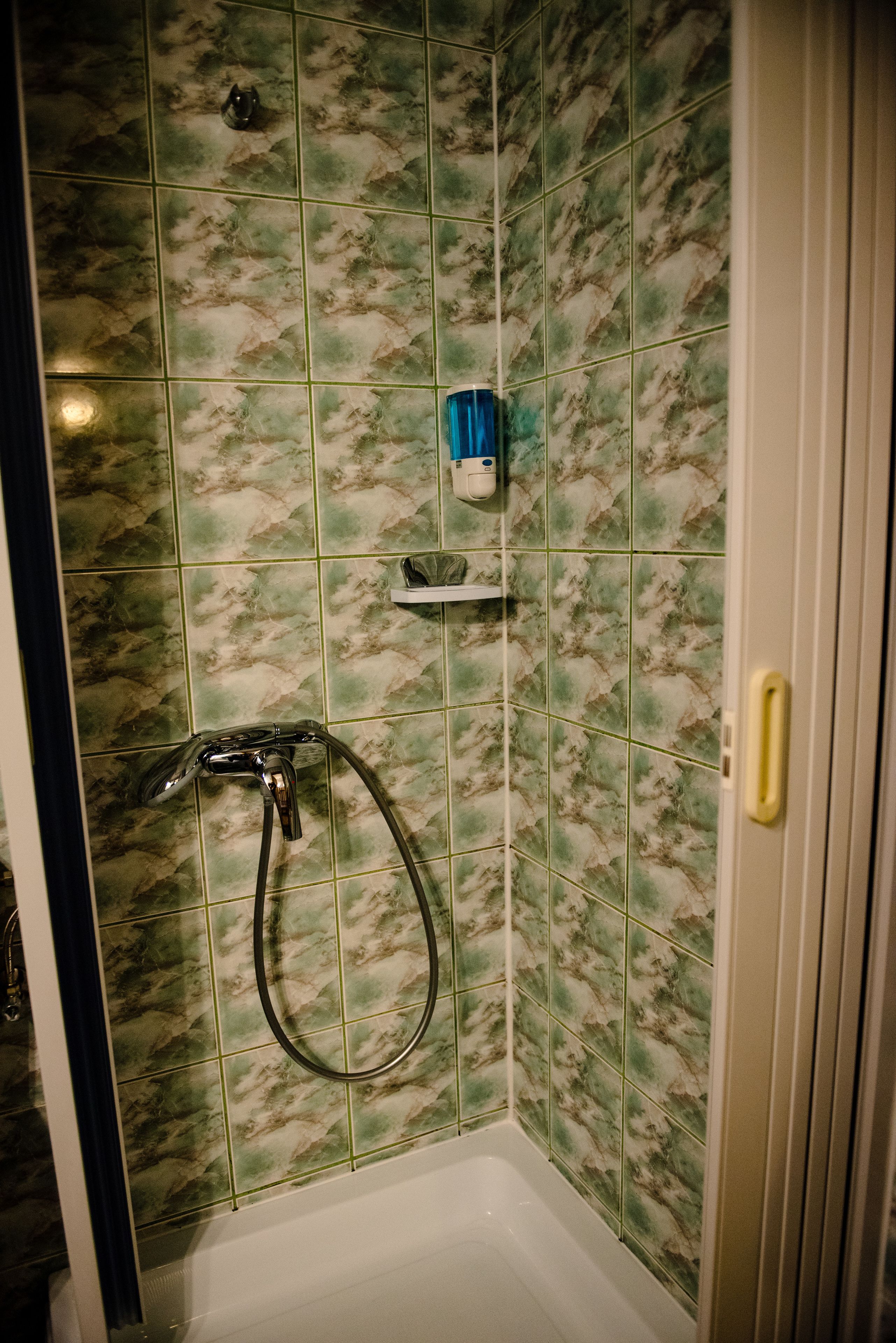 Un baño con baldosas de mármol verde, ducha y retrete.