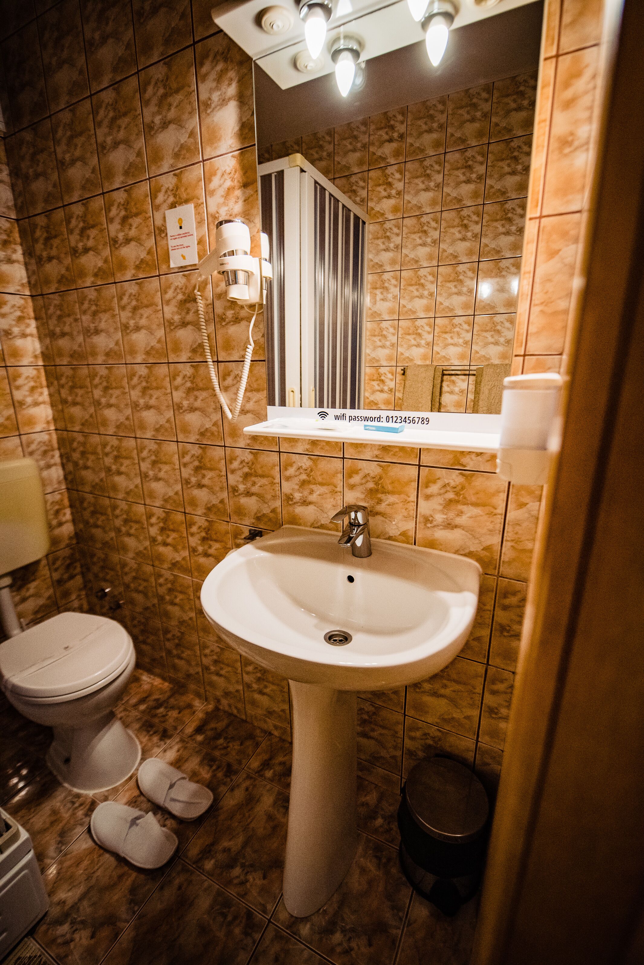 A bathroom with a sink, toilet, and a mirror.