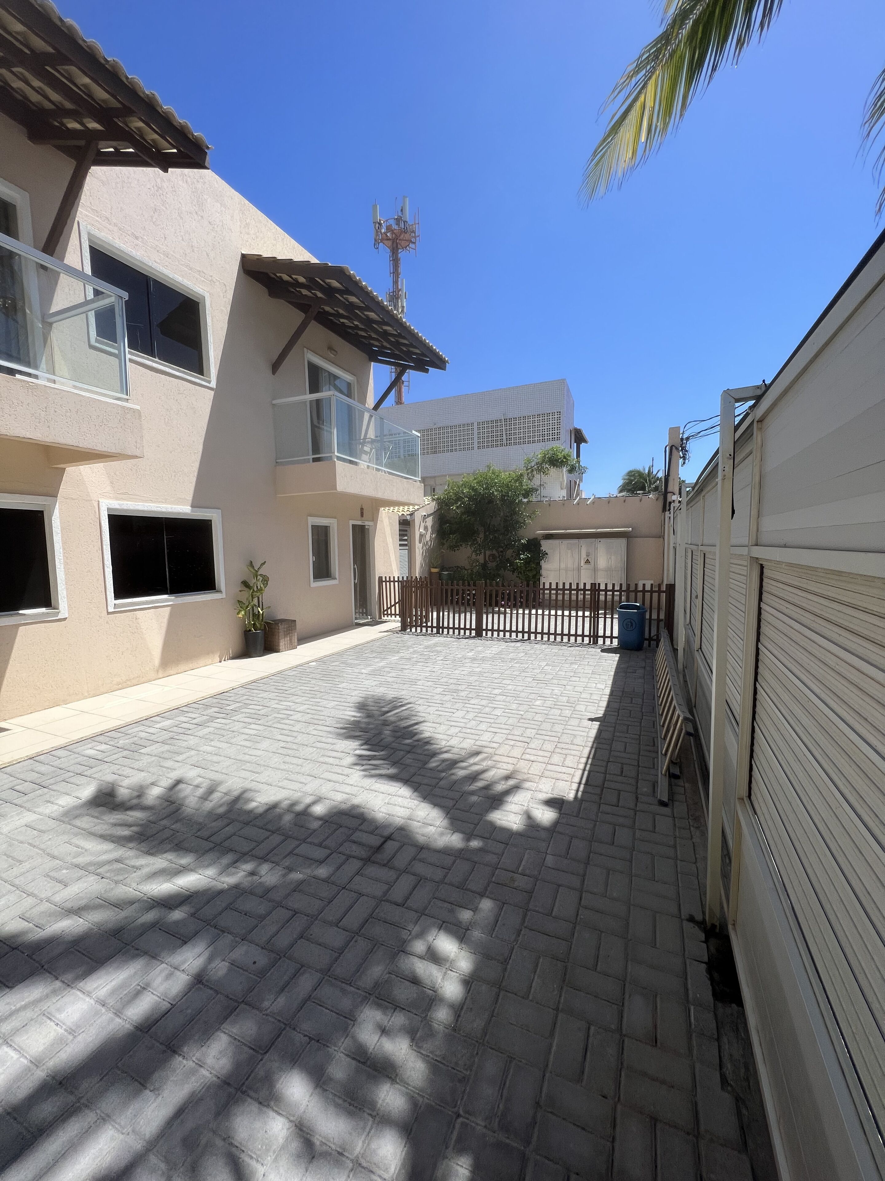 A residential street with houses, a clear sky, and a palm tree.