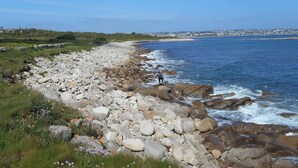 A rocky shoreline with a person in a wetsuit.