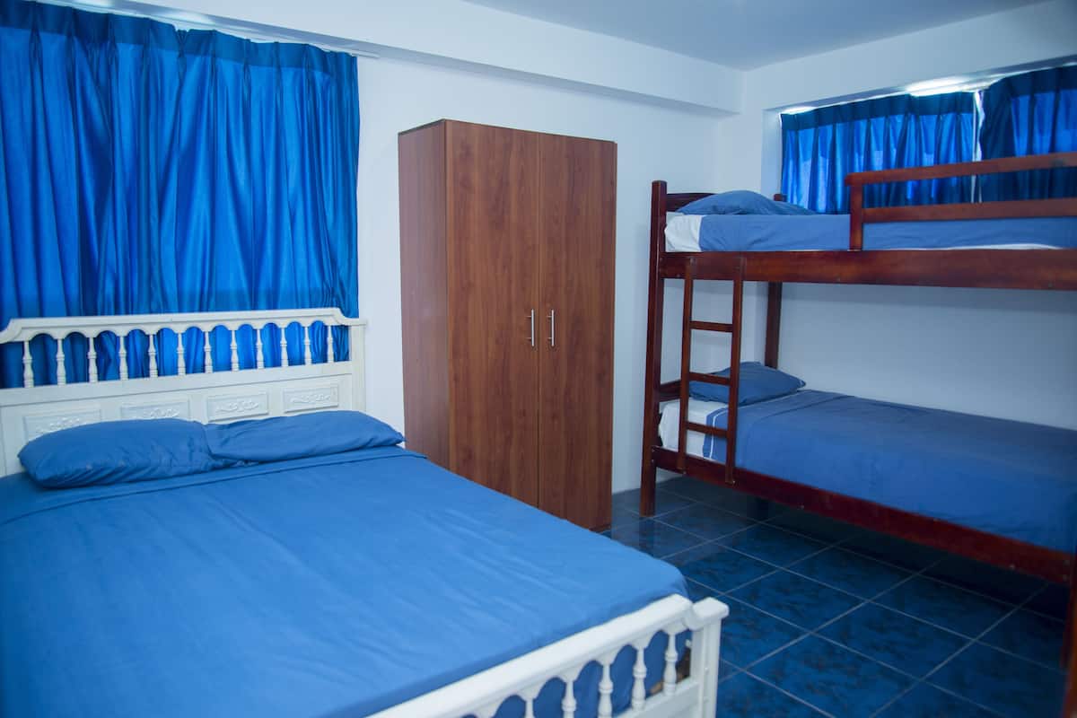 A room with a bunk bed, a wardrobe, and a bed with blue bedding.