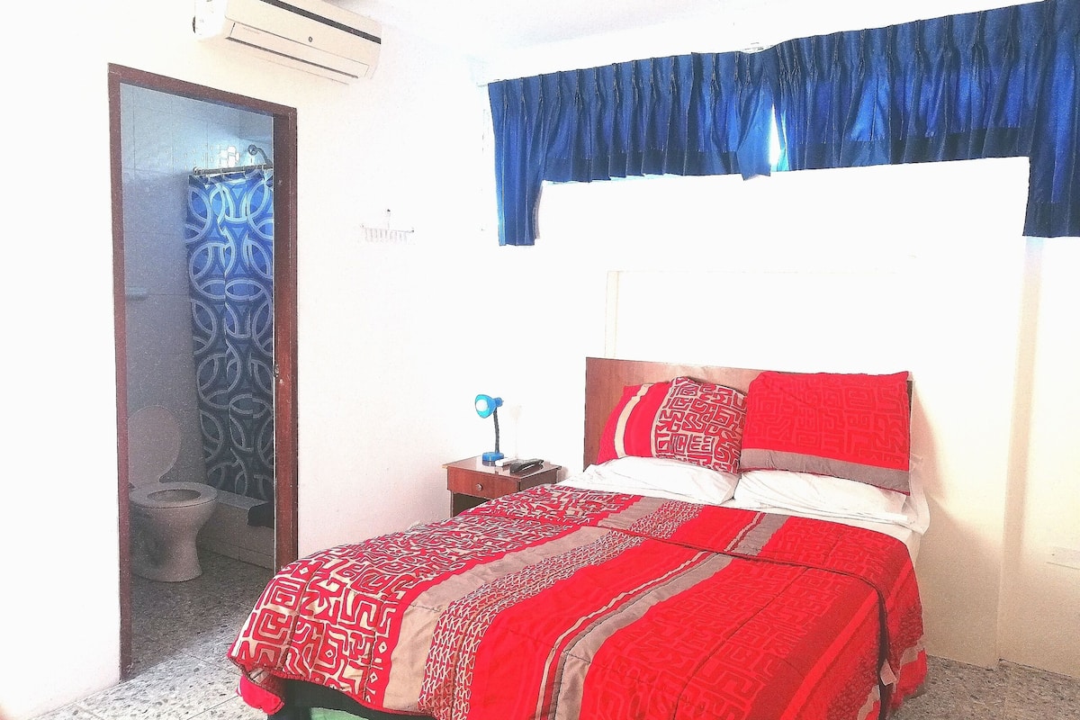 A bedroom with a bed, a nightstand, a lamp, and a window with blue curtains.