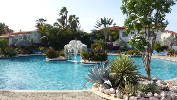 A pool with a waterfall feature, surrounded by palm trees and lounge chairs.