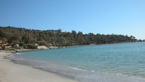 Una playa con agua cristalina, orilla de arena y un promontorio boscoso al fondo.