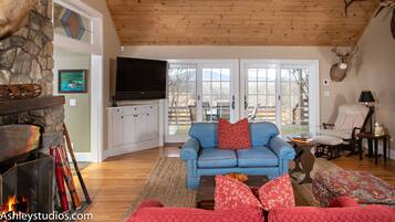 Televisión, chimenea y libros