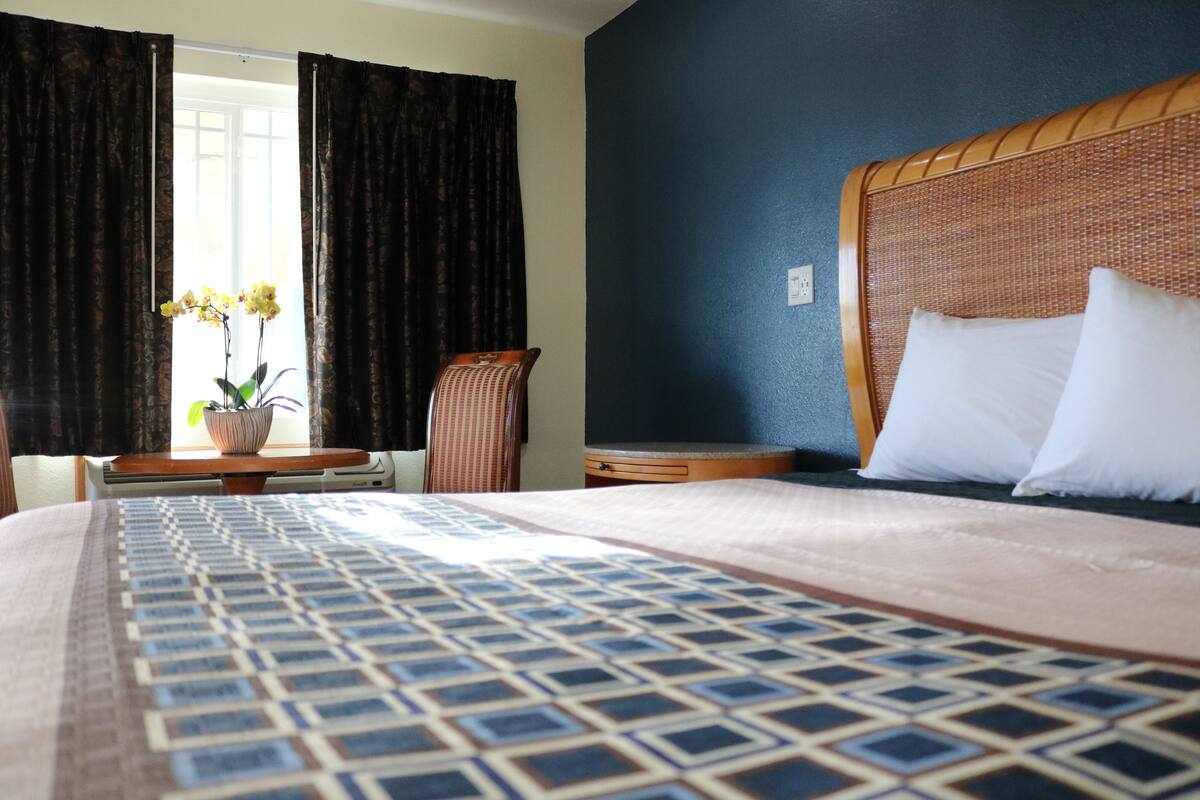 A hotel room with a large bed, a wooden headboard, a small table with a potted plant, a chair, and a television on a stand.