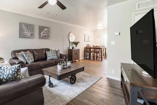 TV, DVD player, books, offices