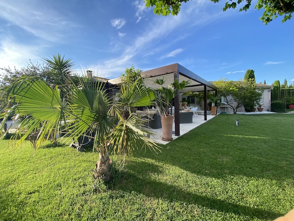 A modern house with a covered patio, a lawn, and potted plants.