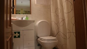 A bathroom with a toilet, sink, and a green emergency sign.