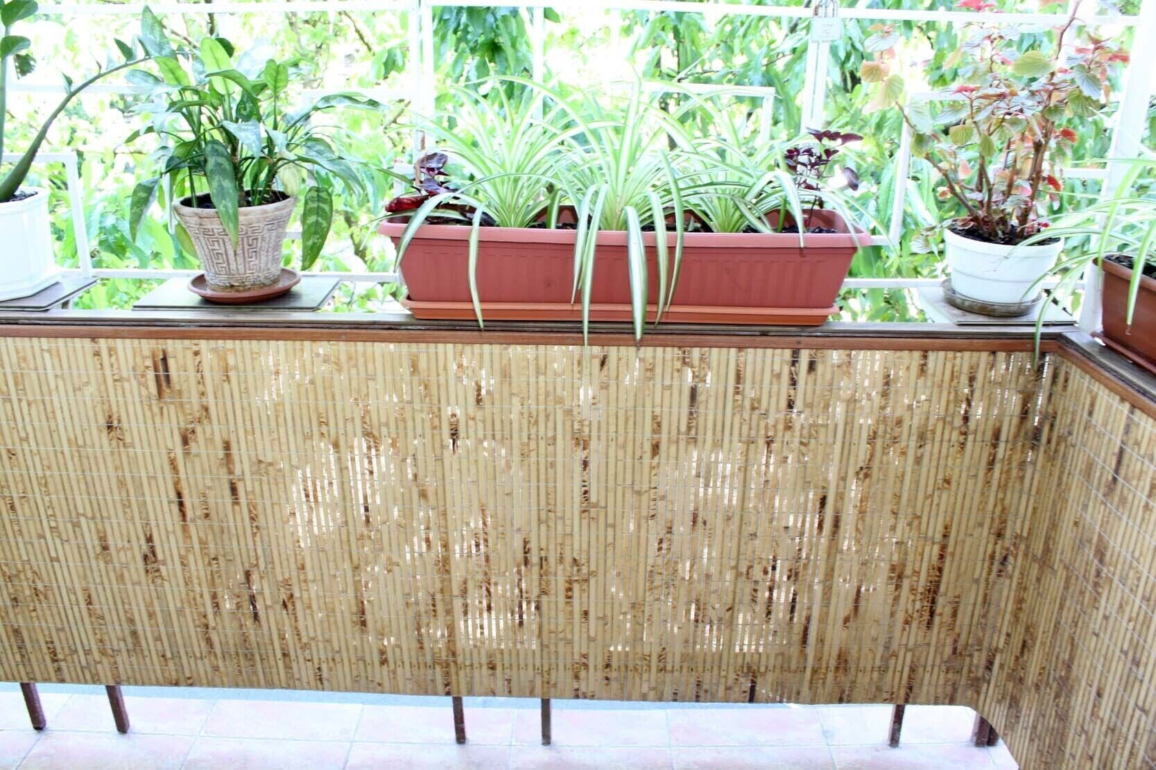 A balcony with a bamboo screen, potted plants, and a view of greenery.