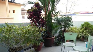 Terraza en la azotea con plantas en macetas, una mesa y sillas.