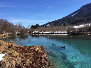A clear lake with two ducks, surrounded by mountains and a snowy landscape.