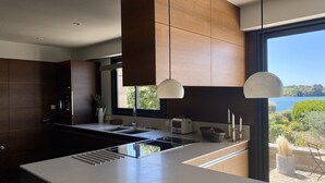 Una cucina moderna con una grande isola, mobili in legno e vista su un lago.