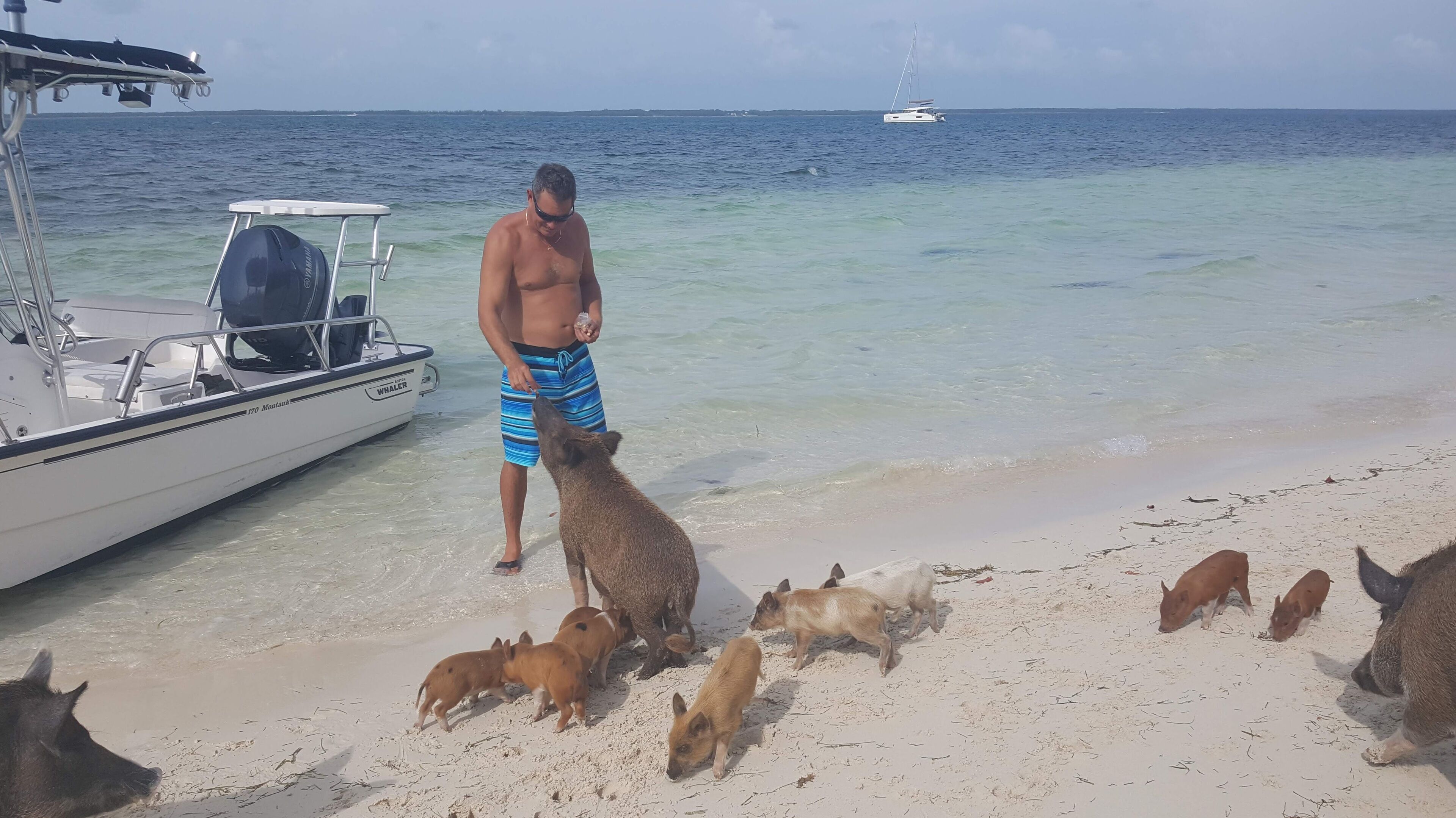 A man standing on a beach with a boat named "WHALER" in the background.